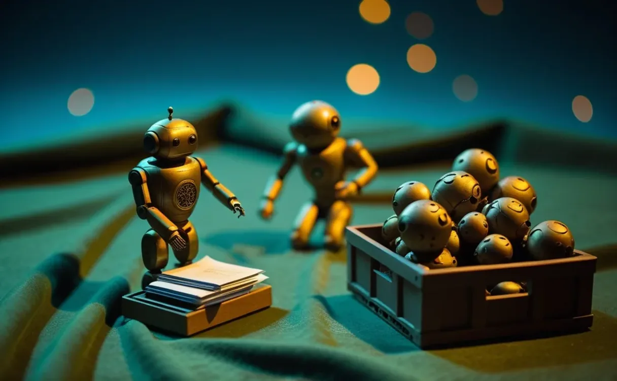 Miniatuur koperen robot die papierwerk in uitbakken sorteert, naast een krat vol half afgemaakte uurwerk-agents