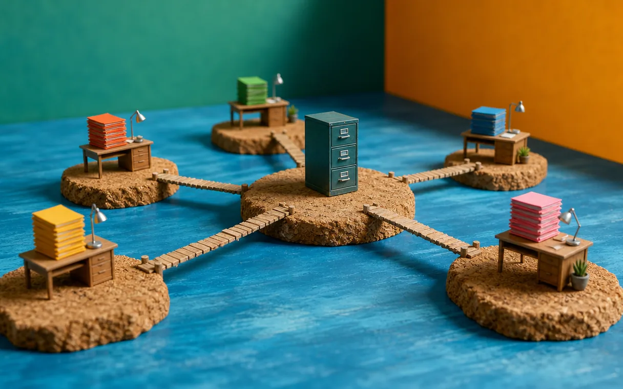 Miniatuur kurken eilandjes op een blauwe tafelzee, elk met een eigen bureautje en gekleurde stapel mappen, via houten bruggetjes verbonden met één centraal eiland met een gedeelde archiefkast