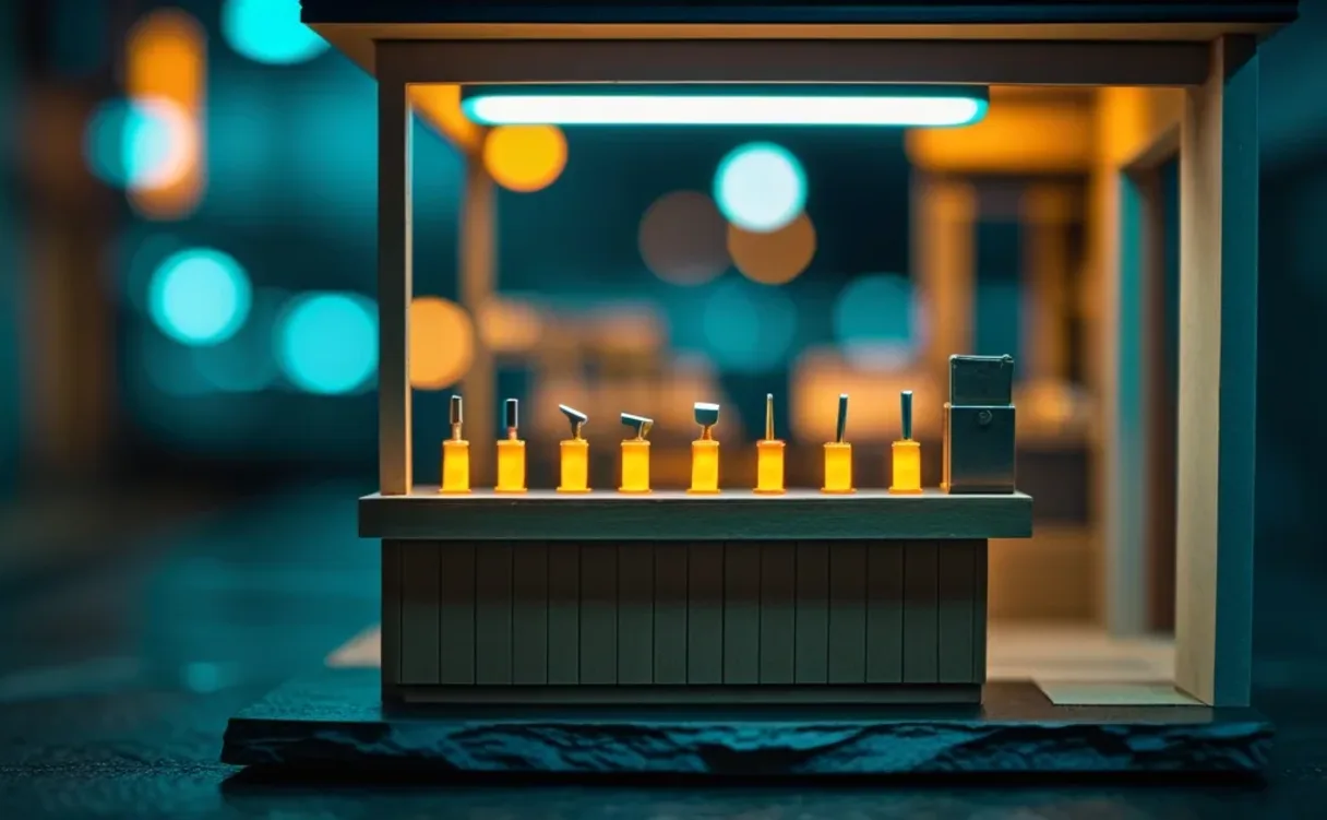 Miniatuur diorama van een houten winkeltoonbank met vijf kleine, oplichtende gereedschappen op een rij