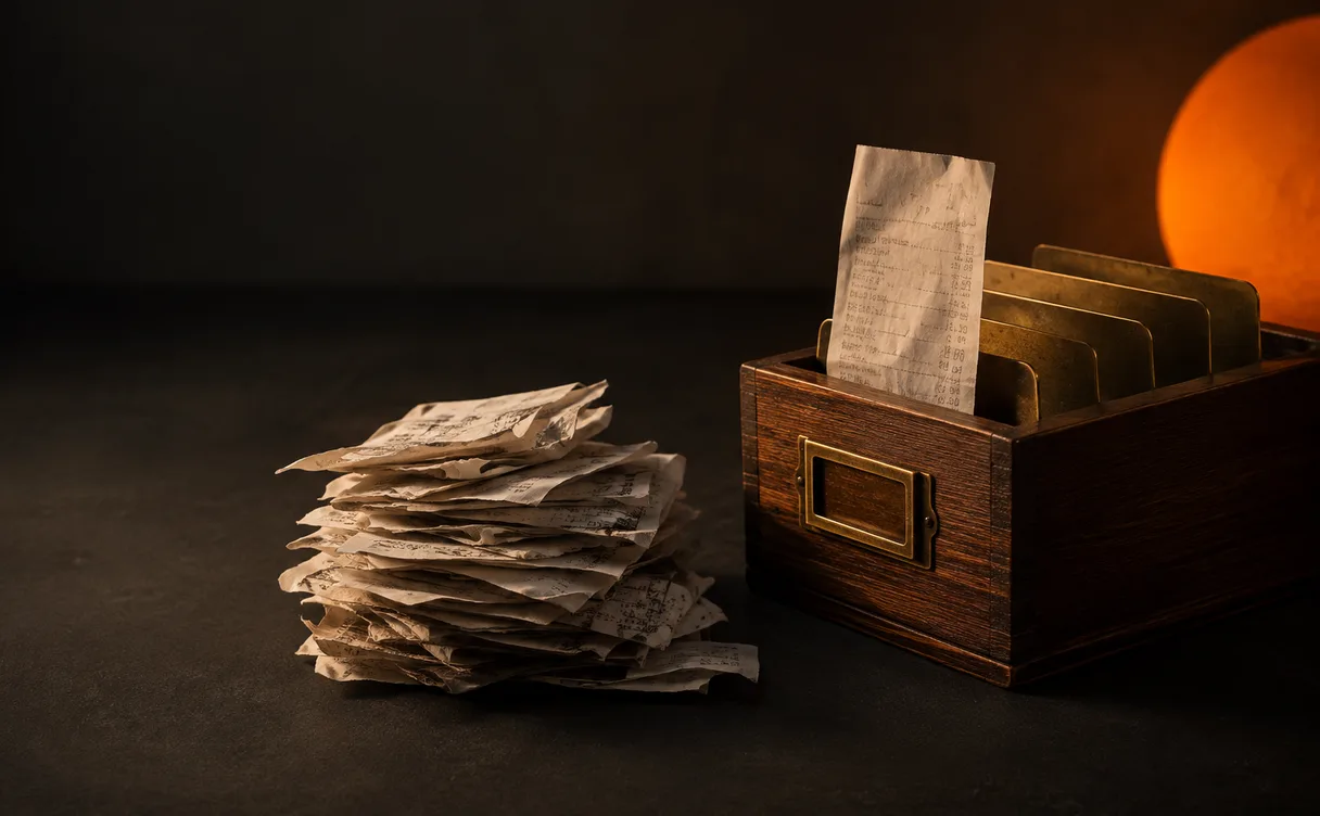 Een stapel verfrommelde kassabonnen naast een houten archiefkistje met messing tussenschotten, waarin één bon rechtop staat