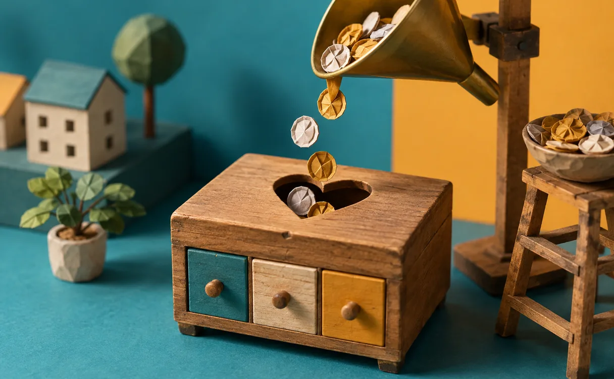 Miniatuur-diorama van een houten collectebus met hartvormige gleuf en drie laatjes, waar een messing trechter papieren muntjes in laat vallen.