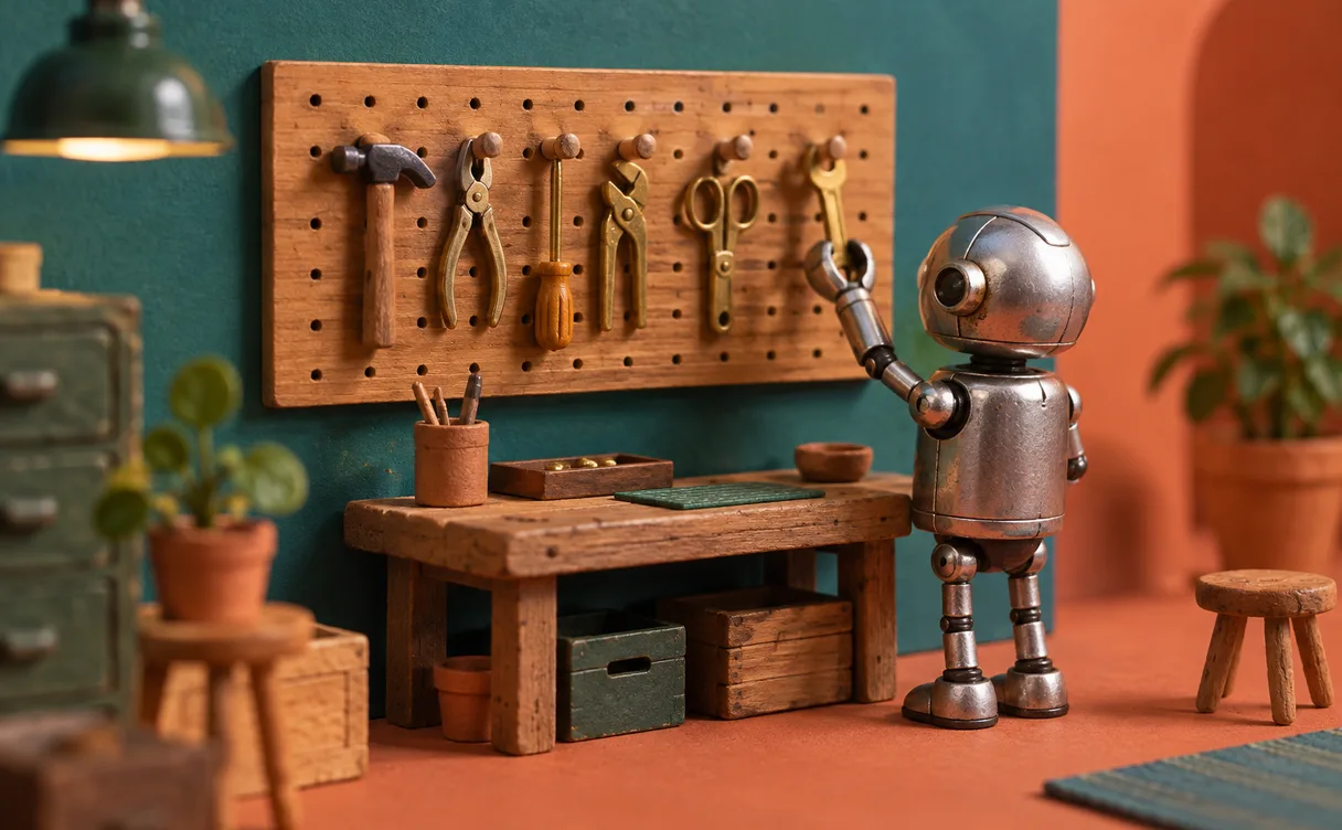 Miniatuur-diorama van een chroom robotje dat het zesde messing gereedschap ophangt aan een houten gereedschapsbord boven een klein kleien werkbankje.