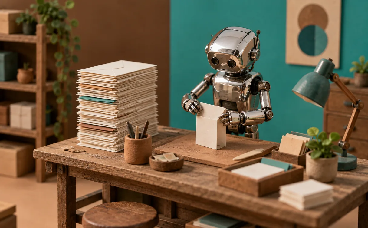 Miniatuur-diorama van een chroom robotje aan een kleien werkbank dat een hoge stapel papieren brieven samenvouwt tot één compact kaartje.