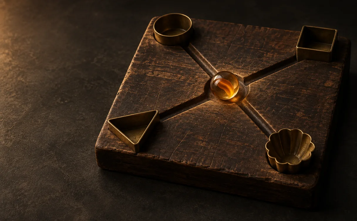 Een glazen knikker ligt midden op een houten plank waarvan vier groeven uitwaaieren naar vier verschillend gevormde koperen bakjes: een keuze uit vier wegen.
