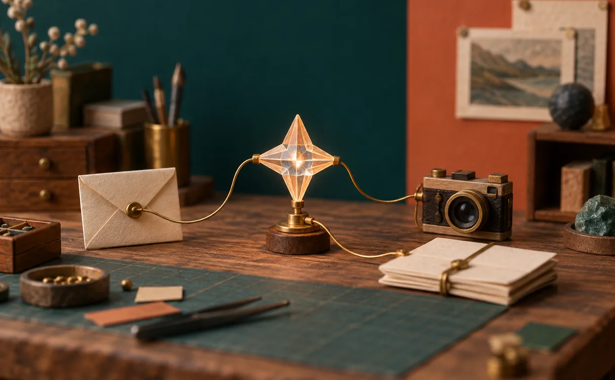 Miniatuur-diorama van een fonkelende vierpuntige edelsteen op een werkbank, met messing draadjes verbonden aan een papieren envelop, document en cameraatje.