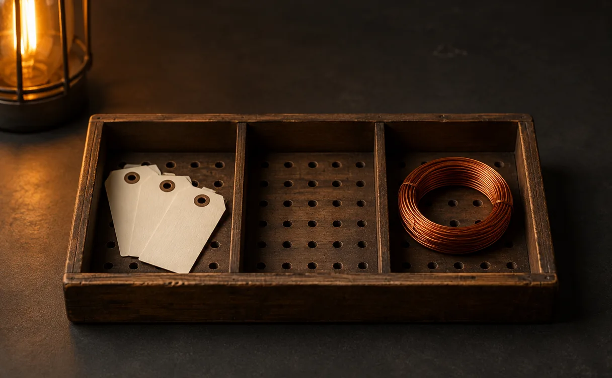 Een houten bak met vakjes, crèmekleurige labels en een rol koperdraad op een donkere ondergrond