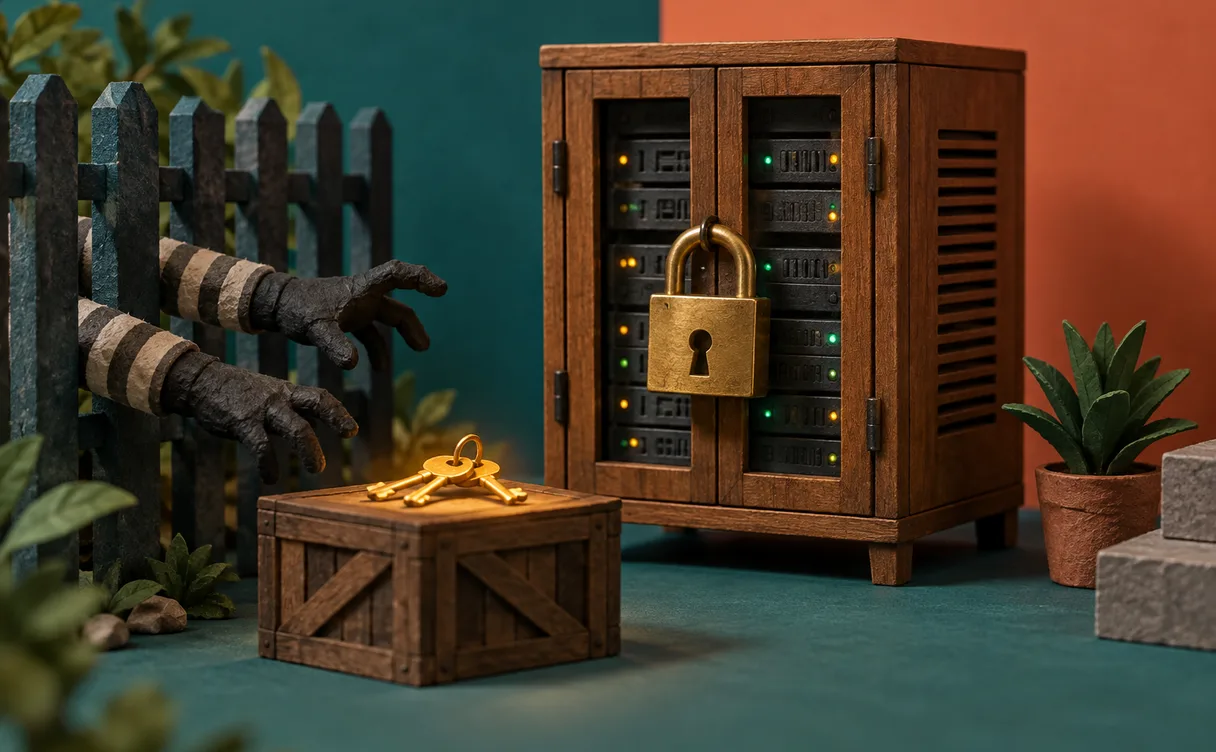 Miniatuur-diorama van een houten servertje achter een messing hangslot, terwijl kleine klei-handjes door een hek naar gloeiende sleutels reiken.