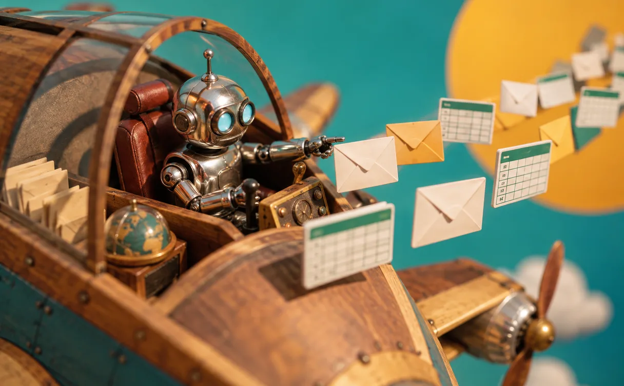 Miniatuur-diorama van een chroom robotje op de bijrijdersstoel van een houten cockpit, dat papieren enveloppen en spreadsheet-tegels vooruit loodst.