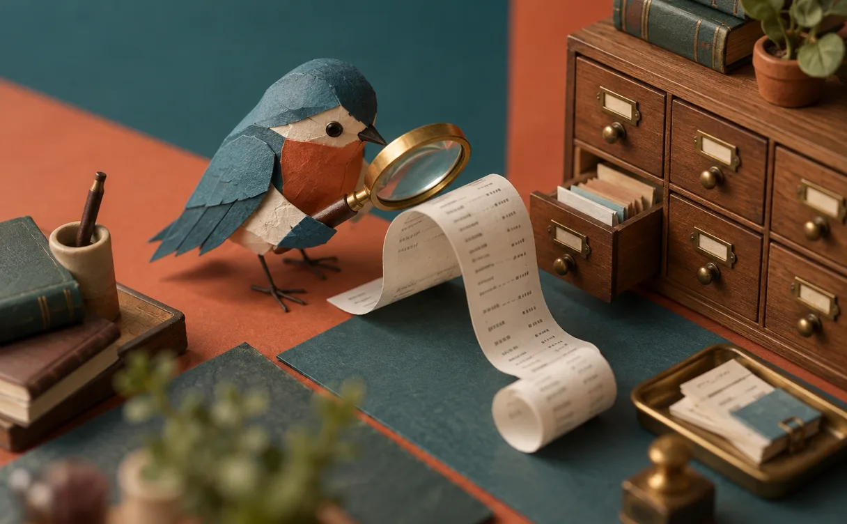 Miniatuur-diorama van een klein papieren vogeltje dat met een messing vergrootglas een opgerold bonnetje bekijkt, naast nette houten administratielaatjes.