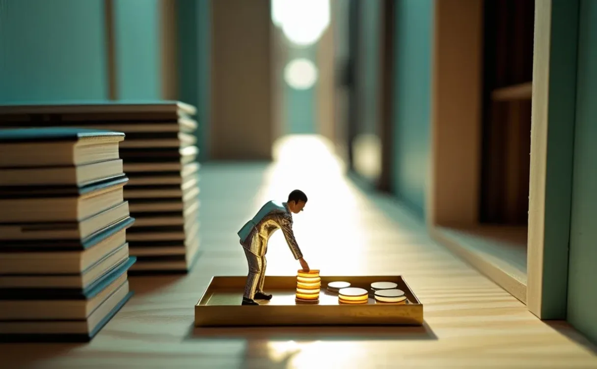 Miniatuur-diorama: gestapelde houten notitieboeken en een chromen robotje dat gloeiende schijfjes uit een koperen bakje pakt