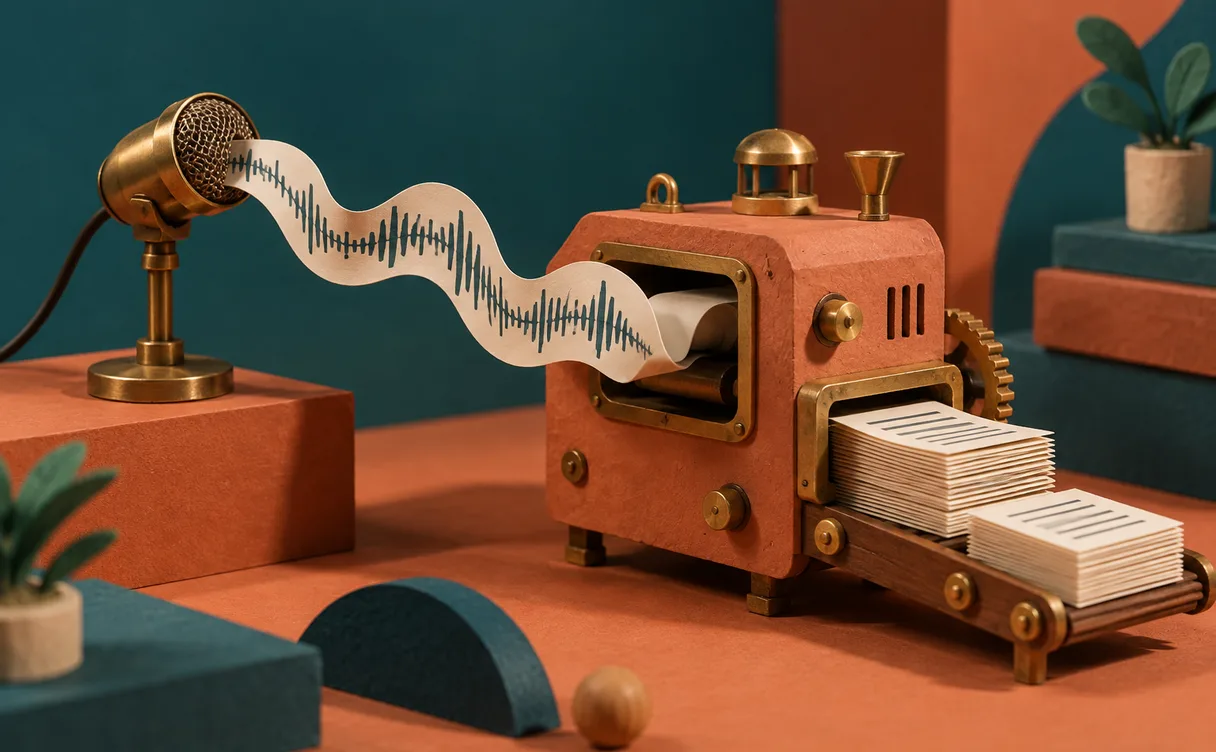 Miniatuur-diorama van een messing vergadermicrofoon die een papieren geluidsgolf naar een kleimachine voert, die netjes gestapelde bladzijden uitgeeft.