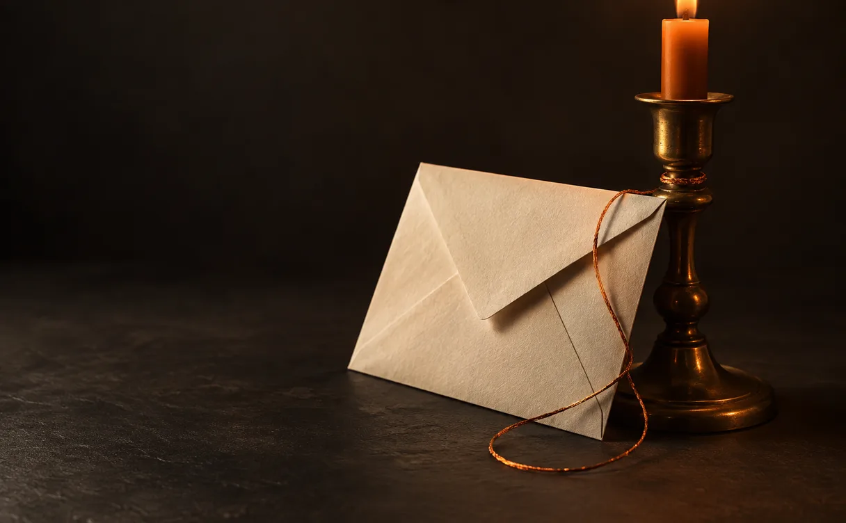 Een crèmekleurige envelop tegen een messing kandelaar met een koperdraadje eromheen