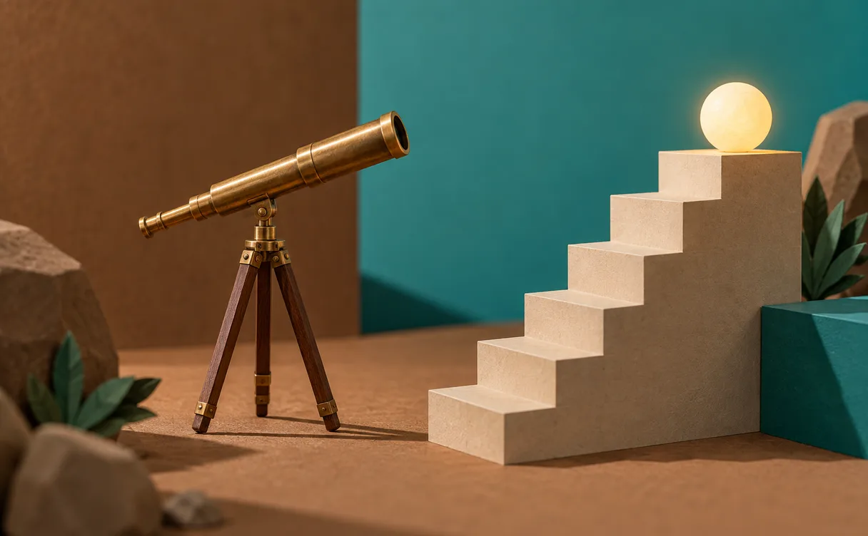 Miniatuur-diorama van een messing telescoop op een houten statief die een papieren trap met podiumtreden bekijkt, met bovenaan een gloeiende bol.