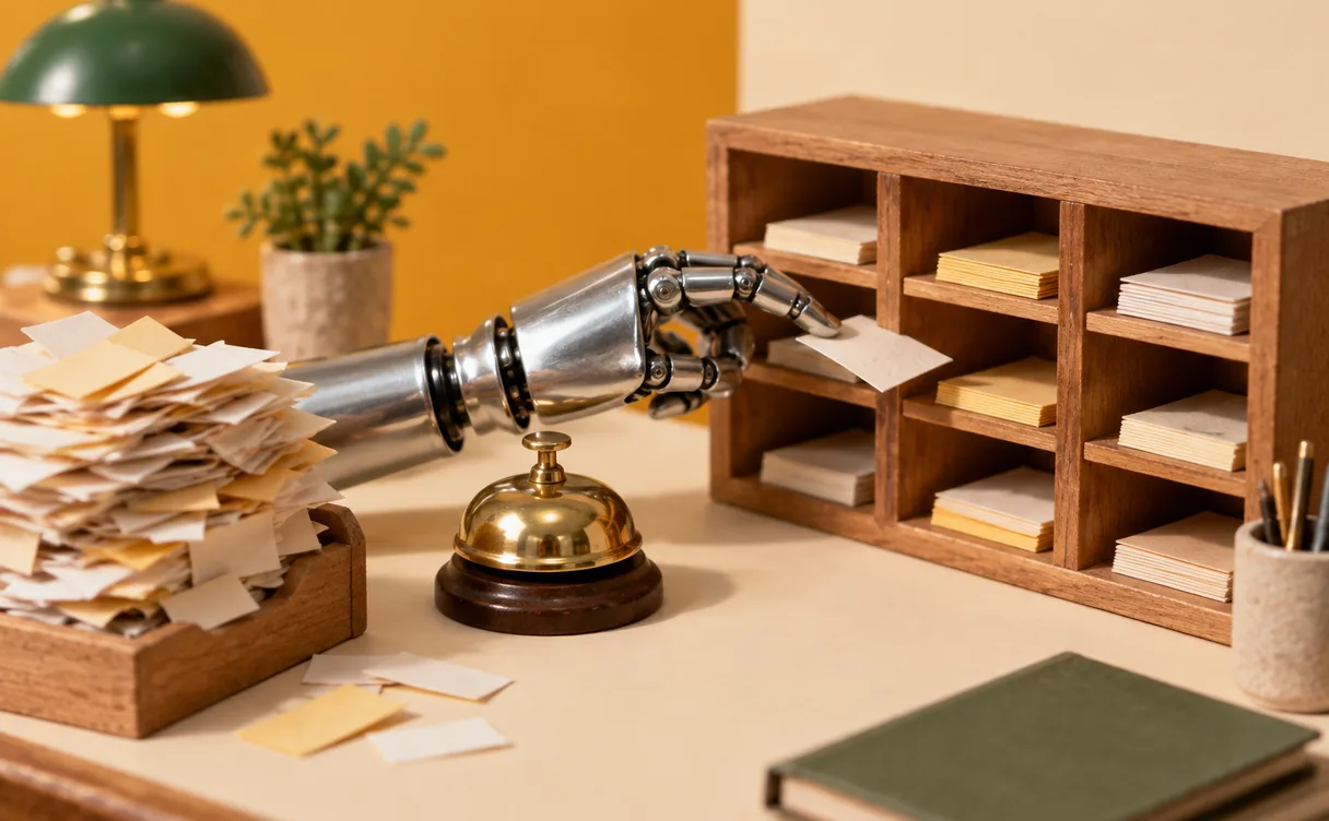 Miniatuur-diorama van een chroom robothandje dat een messing servicebel beantwoordt en papieren tickets uit een inbox in houten vakjes sorteert